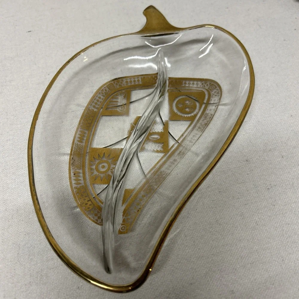 Vintage Georges Briard Glass Leaf Tray Gilded Gold‎ Accent Greek Candy Nut Dish
